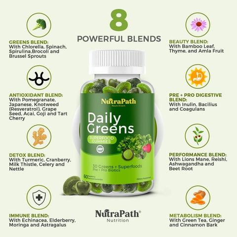 NutraPath - Superfood Daily Greens Gummies – Frutas, Vegetais e Super Alimentos para Imunidade e Energia – 60 Gummies