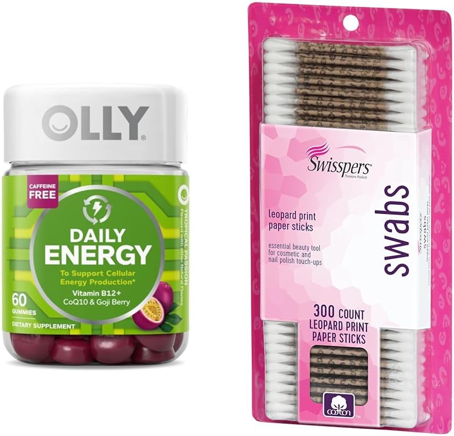 Gummy Energético Diário 60 Unidades, Swisspers Hastes Flexíveis de Algodão Premium 300 Unidades – Embalagem - OLLY