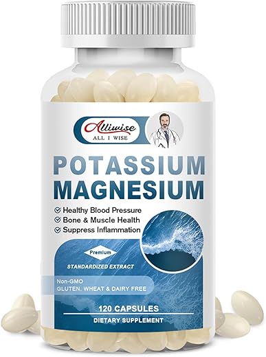 Alliwise - Suplemento Premium de Magnésio e Potássio – 120 Cápsulas – Sem GMO, Sem Glúten, Potássio Absorvível 200mg, Complexo de Magnésio 100mg, para Ossos
