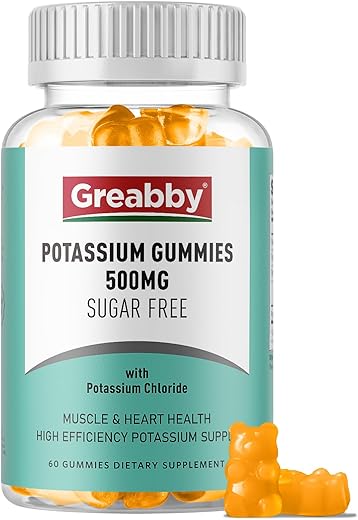 GREABBY - Gomas de Potássio 500mg para Adultos, 60 Porções, Gomas de Cloreto de Potássio sem Açúcar, Saúde Cardíaca