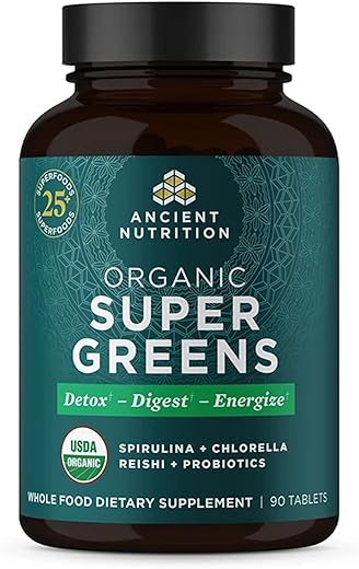 Super Greens com Probióticos, Comprimidos Orgânicos de Superfood Feitos de Spirulina, Chlorella, Moringa e um Probiótico Resistente, 30 Porções, 90 Comprimidos - Ancient Nutrition