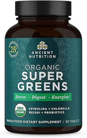 Super Greens com Probióticos, Comprimidos Orgânicos de Superfood Feitos de Spirulina, Chlorella, Moringa e um Probiótico Resistente, 30 Porções, 90 Comprimidos - Ancient Nutrition