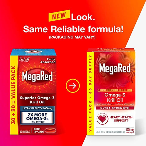 Ômega-3 Krill Oil 1000mg, Cápsulas Softgels Ultra Forte (60 Unidades), Sem Sabor de Peixe e com EPA | Óleo de Krill | Marca MegaRed - MegaRed