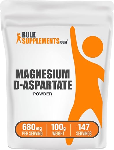 com Pó de Magnésio D-Aspartato – Suplemento de Magnésio de Alta Absorção – Livre de Glúten, 680mg (49mg de Magnésio) por Porção, 100g (Pack de 1) - BulkSupplements