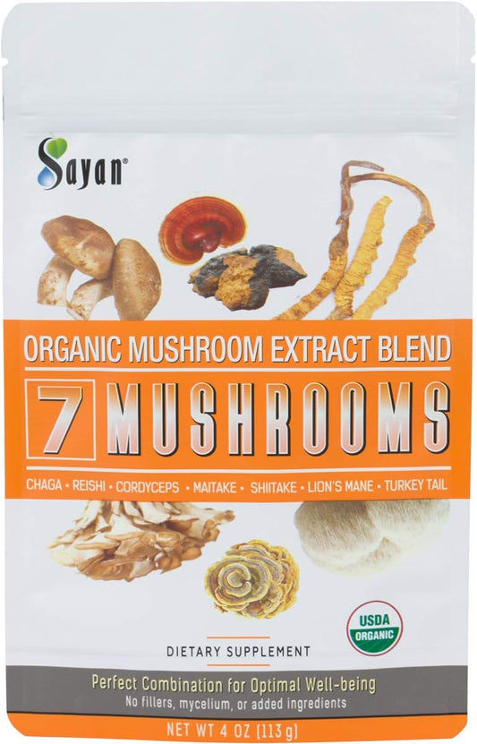 7 Cogumelos Orgânicos em Pó 113g – Chaga, Reishi, Cordyceps, Maitake, Shiitake, Lion’s Mane e Turkey Tail – Sem Aditivos, Adicione ao Café - Sayan
