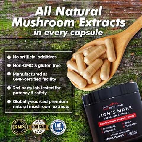 MEN'S PeakPerformance - Cápsulas de Suplemento de Cogumelo do Leão PeakPerformance para Homens com Reishi, Cordyceps, Turkey Tail – Nootrópico Cerebral para Memória, Foco, Energia Natural – 60 cápsulas