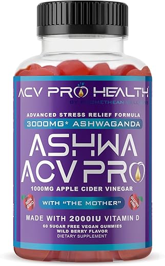 Promethean Wellness - Ashwa ACV Pro Health – Gomas de Vinagre de Maçã sem Açúcar, Gomas de Ashwagandha, Gomas Avançadas de ACV Keto, Suplementos de Ashwagandha com Vitamina D, Alívio do Estresse