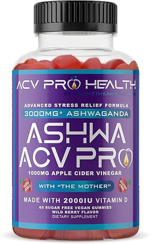 Promethean Wellness - Ashwa ACV Pro Health – Gomas de Vinagre de Maçã sem Açúcar, Gomas de Ashwagandha, Gomas Avançadas de ACV Keto, Suplementos de Ashwagandha com Vitamina D, Alívio do Estresse