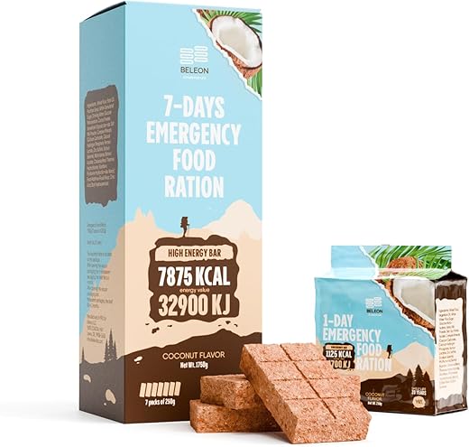 Beleon Goods For Life - Kit de Sobrevivência Militar 2024 – Barras de Biscoito de Coco MRE para Emergências – Suprimento Alimentar para 7 dias – Vida Útil de 20 Anos – Equipamentos para Camping e Trilhas