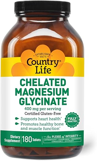 Magnésio Glicinato Quelato 400mg, 180 Comprimidos, Certificado Livre de Glúten, Certificado Vegano, Certificado Halal, Não-OGM Verificado - Country Life