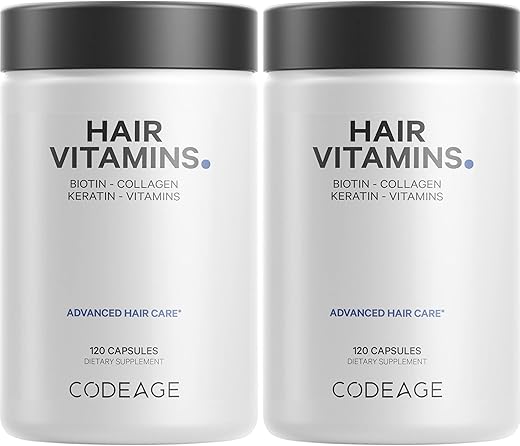 Hair Vitamins 10000 mcg Biotina, Queratina, Colágeno, Vitamina A, B12, C, D3, E, Zinco, Cúrcuma, Probióticos, Enzimas, Inositol – Suporte para Cuidados com os Cabelos – Suplemento para Cabelos Saudáveis - Codeage
