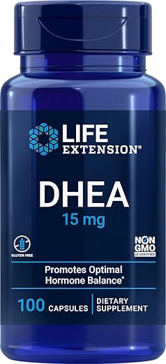DHEA 15 mg – Equilíbrio Hormonal Saudável, Saúde Cardiovascular, Suporte para Massa Muscular Magra – 100 Cápsulas - Life Extension