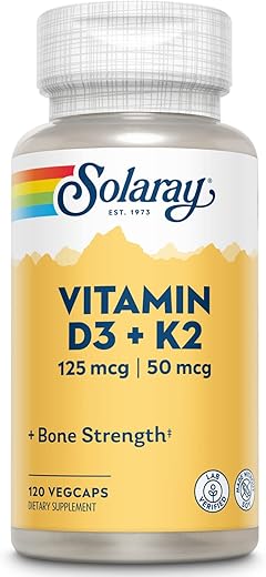 Vitamina D3 K2 – Suporte à Saúde Óssea e Imunológica – Com 5000 UI de Vitamina D como Vit D3 e 50 mcg de Vitamina K2 como Menoquinona MK7, Sem Soja, 60 Dias - SOLARAY
