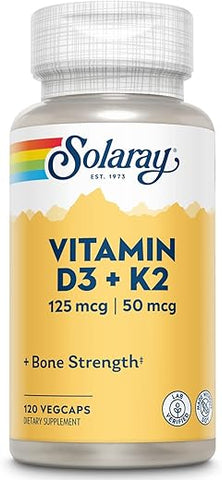 Vitamina D3 K2 – Suporte à Saúde Óssea e Imunológica – Com 5000 UI de Vitamina D como Vit D3 e 50 mcg de Vitamina K2 como Menoquinona MK7, Sem Soja, 60 Dias - SOLARAY