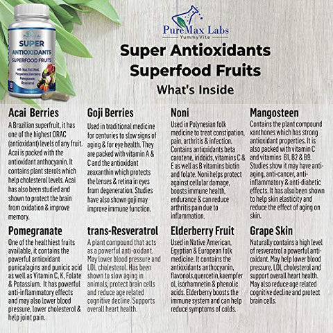 YUMMYVITE - Superfood Complexo de Frutas Super Antioxidantes – Açaí, Goji, Noni, Mangostão, Romã, Sambucus, Resveratrol, Suporte Imunológico, Cuidados com a Pele – 60 cápsulas