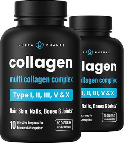 NutraChamps - Pílulas de Colágeno Multi | Tipos I,II,III,V,X | Pó de Peptídeos de Colágeno Hidrolisado Duplo em Cápsulas | Pele, Cabelo, Unhas e Articulações Saudáveis | Proteína Keto para Mulheres