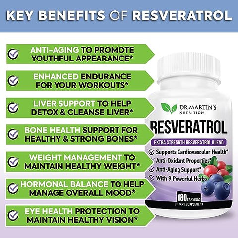 DR. MARTIN'S NUTRITION - Resveratrol Extra Forte 1568mg – 180 Cápsulas – 3 Meses de Fornecimento | Suplemento Antioxidante | Cápsulas Naturais de Trans-Resveratrol | para Anti-Envelhecimento, Saúde Cardíaca, Sistema Imunológico