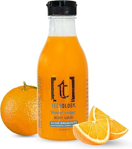 Body Wash para Adolescentes – Evite Acne e Espinhas Corporais – Livre de Sulfato e Parabeno, Não Comedogênico, Extratos Botânicos Naturais, Laranja Tropical – 16 oz (473 ml) - Teenology