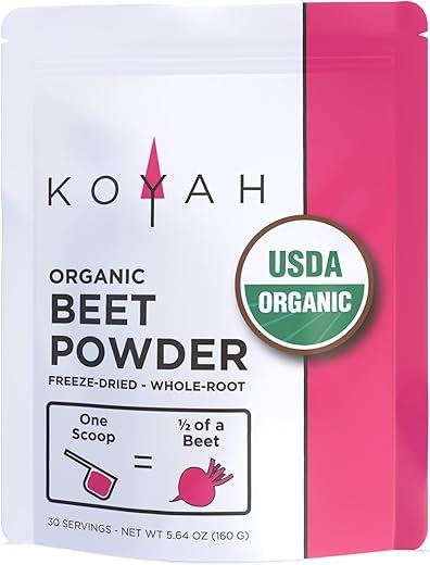 Pó de Beterraba Orgânica Cultivada nos EUA (1 Porção = 1/2 Beterraba): 30 Porções, Beterraba Liofilizada, Pó de Raiz Inteira, Adicione à Água, Suco ou Smoothies - KOYAH
