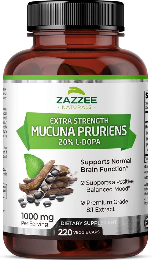 Mucuna Pruriens 8:1 Extrato Forte – 20%% L-Dopa, 1000 mg, 220 Cápsulas Veganas – Suprimento de 110 Dias – Extrato Concentrado e Padronizado 8X – 100%% Vegetariano - Zazzee