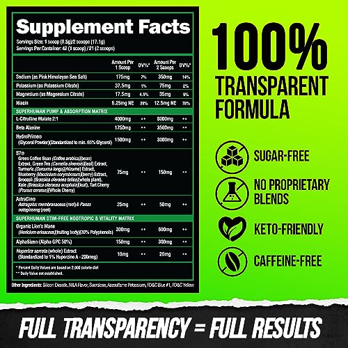 Superhuman Pump Pré-Treino em Pó, Cafeína Nootrópica – Energia Explosiva e Foco Aumentado | 300g - ALPHA LION