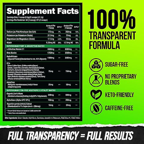 Superhuman Pump Pré-Treino em Pó, Cafeína Nootrópica – Energia Explosiva e Foco Aumentado | 300g - ALPHA LION