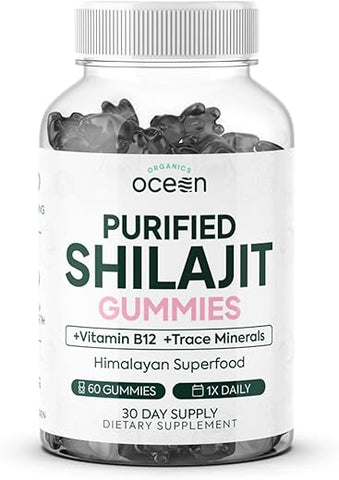 Organics Ocean - Shilajit para Homens e Mulheres – Suplemento Natural de Shilajit com Vitamina B12, Cromo e Selênio para Energia, Suporte Hormonal e Mais – 60 Gomas de Shilajit