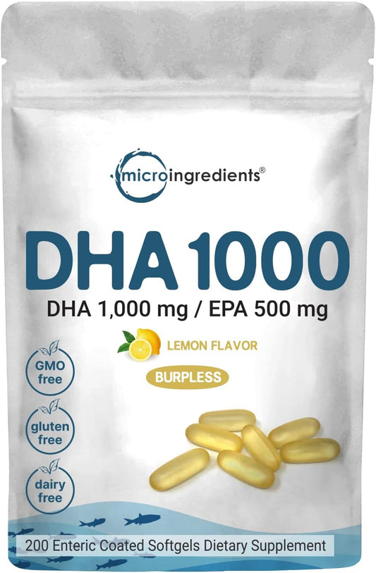 Micro Ingredients - Suplemento Ômega 3 DHA 1000mg com EPA 500mg, 200 Softgels – Sabor Limão, Sem Sabor de Peixe (Revestimento Entérico) | Peixe Fresco de Águas Norueguesas |