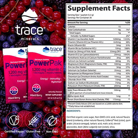 Power Pak Pó Eletrólito | 1200 mg Vitamina C, Zinco, Magnésio | Reforça Imunidade, Hidratação e Energia Natural | Mixed Berry | 30 Pacotes - Trace Minerals