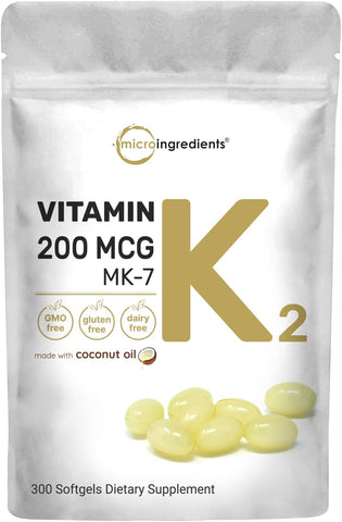 Vitamina K2 MK-7, 200 mcg Por Porção, 300 Softgels de Óleo de Coco | Absorção Fácil, Forma Ativa de Menaquinona | Imunidade, Articulações - Micro Ingredients