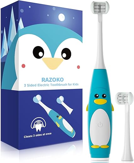 Escova de Dentes Elétrica Infantil 3 Lados, Escova de Dentes Sônica para Crianças com 2 Cabeças de Escova, Temporizador Inteligente 5 Ajustes, À Prova d’Água IPX7, Cabo USB - RAZOKO