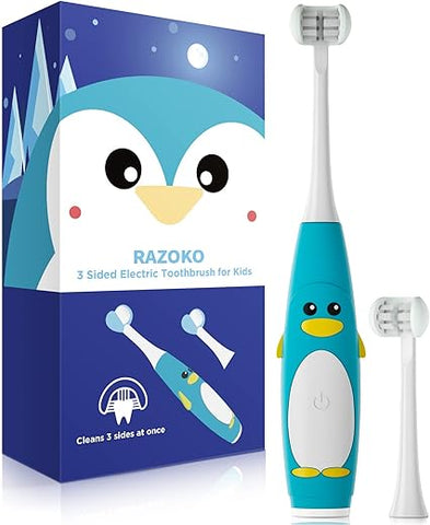 Escova de Dentes Elétrica Infantil 3 Lados, Escova de Dentes Sônica para Crianças com 2 Cabeças de Escova, Temporizador Inteligente 5 Ajustes, À Prova d’Água IPX7, Cabo USB - RAZOKO