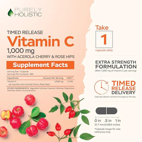 Vitamina C 1000mg Purely Holistic, 365 Cápsulas, 12 Meses de Suprimento, Liberação Gradual em 2 Etapas com Ácido Ascórbico e Rosa Mosqueta