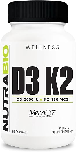 Vitamina D3 K2 | 5000 UI D3 como Colecalciferol com Vitamina K2 como MENA-Q MK7 (180mcg) | Suporte à Saúde Óssea e Cardíaca | Livre de OGM, Sem Glúten, Sem Lactose | 60 Cápsulas Vegetais - NutraBio