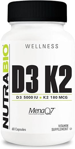 Vitamina D3 K2 | 5000 UI D3 como Colecalciferol com Vitamina K2 como MENA-Q MK7 (180mcg) | Suporte à Saúde Óssea e Cardíaca | Livre de OGM, Sem Glúten, Sem Lactose | 60 Cápsulas Vegetais - NutraBio