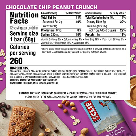 Clif Bar - Barras Energéticas CLIF – Chocolate Chip Peanut Crunch – Feitas com Aveia Orgânica – Alimento à Base de Plantas – Vegetariano – Kosher (Barras de Proteína de 2,4 Ounces, 12 Unidades)