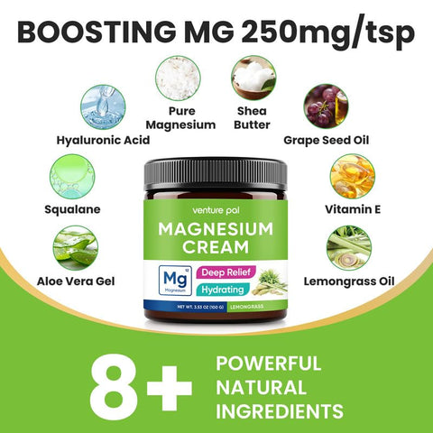 Loção de Magnésio Venture Pal – Creme Tópico de Magnésio para Sono, Cãibras Musculares e Relaxamento, Hidratante, Não Oleoso – Óleo de Coco, Manteiga de Karité – 100g