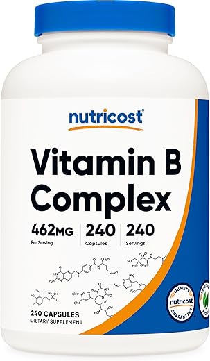 Complexo de Vitaminas B de Alta Potência 460mg, 240 Cápsulas – com Vitamina C – Complexo Energético - Nutricost