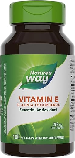 Nature's Way - Vitamina E D-Alpha Tocopherol Nature’s Way – 268 mg por porção – Antioxidante – Nutriente Essencial para as Células Musculares do Coração – Livre de Glúten – 100 Softgels