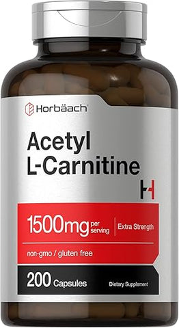Suplemento Horbäach Acetyl L-Carnitina 1500mg | 200 Cápsulas | Alta Potência ALCAR | Sem OGM, Sem Glúten