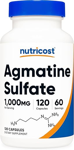 Agmatine Sulfate 1000mg – 120 Cápsulas | Livre de Glúten, Não-OGM | 500mg por Cápsula | Marca Nutricost - Nutricost