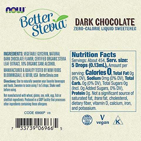 Stevia Líquida Melhorada, Chocolate Amargo, Adoçante Líquido Zero-Calorias, Baixo Impacto Glicêmico, Certificado Não-OGM, 60 ml (2 Pacotes) - NOW Foods