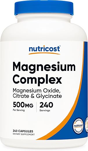 Complexo de Magnésio 500mg, 240 Cápsulas – Óxido, Citrato e Glicinato de Magnésio – Livre de Glúten e Não-OGM - Nutricost