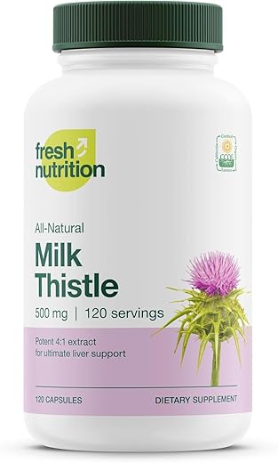 Suplemento de Cardo de Leite Orgânico Fresh Nutrition – 2000mg de Potência Poderosa – Fornecimento de 4 Meses – Extrato Padronizado de Semente de Cardo de Leite 4:1 – Fabricado nos EUA – 120 Cápsulas