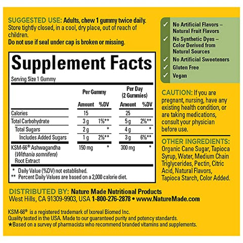 Ashwagandha Gummies Vegan – KSM 66 Ashwagandha para Suporte ao Estresse – 60 Unidades, Fornecimento de 30 Dias - Nature Made