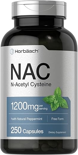Suplemento Horbäach NAC N-Acetil Cisteína 1200mg | 250 Cápsulas | com Hortelã-Pimenta Natural | Livre de Transgênicos, Sem Glúten