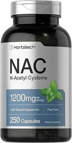 Suplemento Horbäach NAC N-Acetil Cisteína 1200mg | 250 Cápsulas | com Hortelã-Pimenta Natural | Livre de Transgênicos, Sem Glúten
