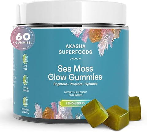 Akasha Superfoods - Sea Moss Glow Gummies – Vitaminas para Cabelo, Pele e Unhas com Seamoss, Pó de Pérola, Vitamina E, Aloe Vera, Vitamina C Lipossomal – Gomas de Sea Moss Irlandês para Mulheres
