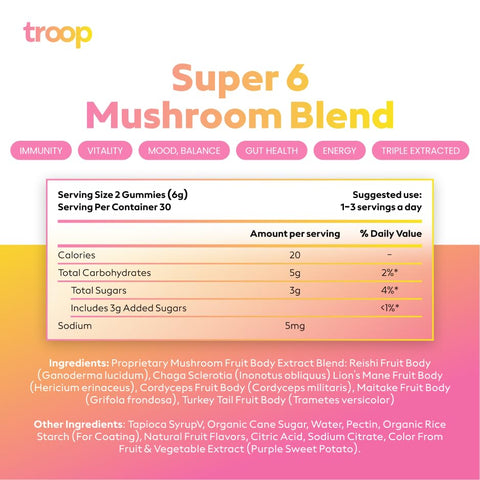 Daily Super 6 Mushroom Blend – Imunidade, Vitalidade, Humor, Equilíbrio, Saúde Intestinal, Energia – Suplemento Restaurador com Blend de Frutas Triplamente Extraídas – Vegano, Delicioso – 100g - Troop