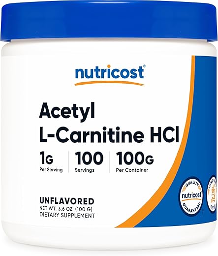 Acetyl L-Carnitine HCI (ALCAR) 100g – 1g por Porção – Sem OGM, Sem Glúten, Sem Sabor – Nutricost ALCAR 100g - Nutricost